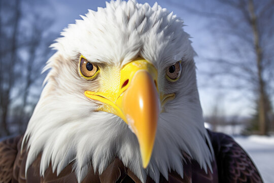 Generative AI illustration body part of attentive eagle with plumage and pointed beak in blurred background