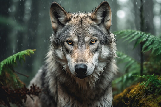 Generative AI illustration of concentrated wild wolf with looking at camera in the rain amidst green leaves lush forest