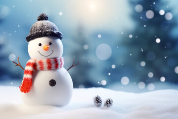 Little snowman dressed and decorated standing in the snow with a beautiful winter background and space for text or inscriptions.generative ai
 - obrazy, fototapety, plakaty