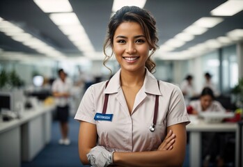 portrait of smiling western woman, businesswoman background concept