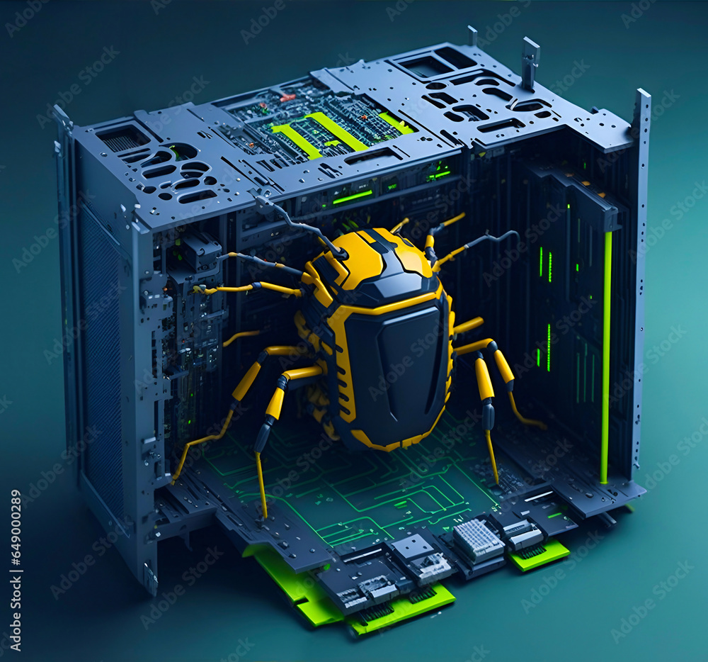 Poster beetle attacks and destroys electronics. concept of computer virus and malicious software code.