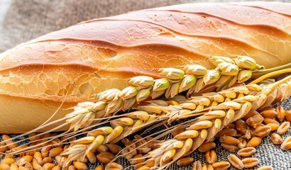 Concept of abundance and harvest, bread and ears of wheat.