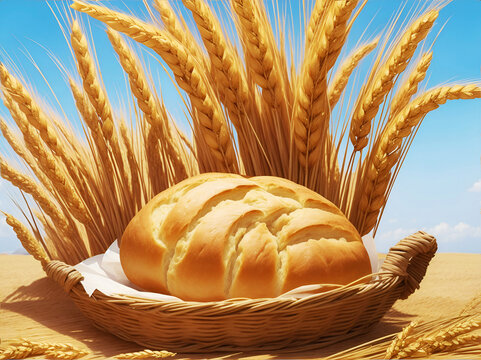 Concept of abundance and harvest, bread and ears of wheat.