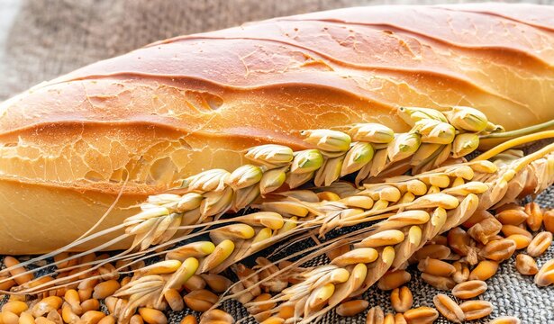 Concept of abundance and harvest, bread and ears of wheat.