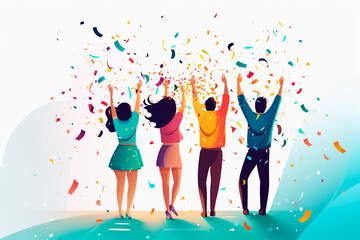 ilustration. Many friends celebrating with confetti outdoors