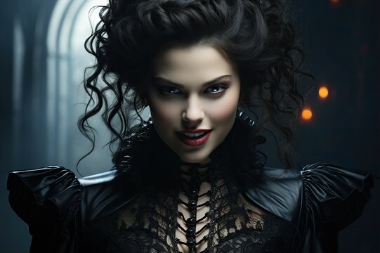 Portrait of vampire queen with dark makeup and red lips, beautiful woman