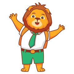 Obraz premium Cartoon lion going to school.A joyful cute lion cub in a school uniform with bag .Kid kawaii tropical animal go to school.Animalistic childish character.Cute animal student happily waving his hand.
