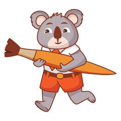 A koala bear student at the runs with a paint brush in his hands.Elementary school education.World map . Character vector illustration.Back to school.