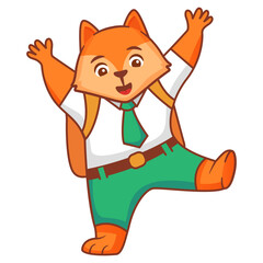 Cartoon fox going to school.A joyful cute tiger jumping cub in a school uniform with bag .Kid kawaii animal go to school.Animalistic childish character.Cute animal student.Line art vector.