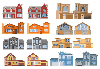 Set old and new home. Renovation of house with repairer.Building maintenance service.House before and after repair.Suburban cottage. Remodel construction. Facade new and old broken cottage front view.