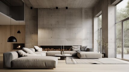 Stylish loft interior with gray concrete walls, modern sofa in luxury living room, contemporary design with open space
