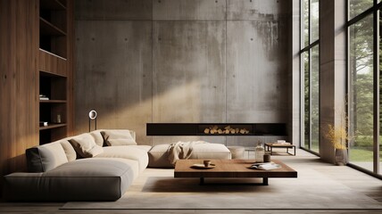 Stylish loft interior with gray concrete walls, modern sofa in luxury living room, contemporary design with open space