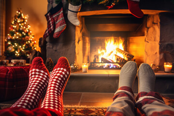 Fototapeta na wymiar Christmas stockings on the legs of two people sitting near a fireplace with fire. Christmas cozy home.generative ai 