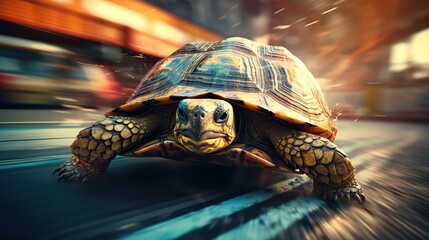 Fast turtle racing on track, illustration of determined tortoise in blurred motion showing speed and endurance challenge