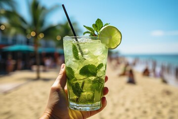 Hand holding mojito cocktail on beach, fresh summer drink with lime and mint, tropical paradise resort background with sea view - Powered by Adobe