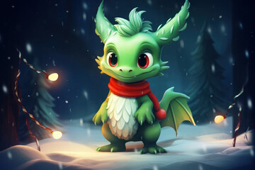 a small, cute green dragon in a red scarf is celebrating Christmas and New Year. symbol of the year 2024.