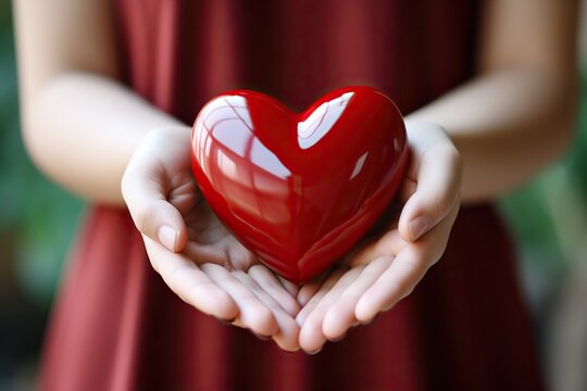 Close-up of red heart holding in hands, concept of donation and cardiology, symbolizing love, charity, and medical care