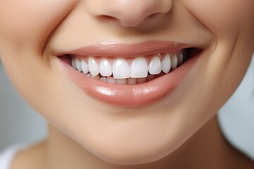 Obraz premium Perfect smile close-up, white teeth and healthy oral care, dental beauty of young woman in studio background, dentistry and whitening concept