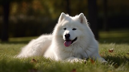 playful samoyed dog  in the park, in a yard, on grass