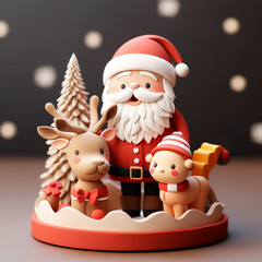 3d cute santa claus with decorations,reindeer,gift box,tree.