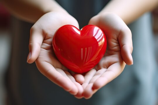 Close-up of red heart holding in hands, concept of health, donation and cardiology, symbolizing love, charity, and medical care