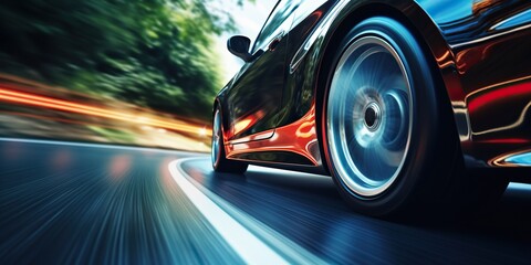 Close-up of wheel of fast sports car on sunny highway: high-performance auto in motion blur - obrazy, fototapety, plakaty