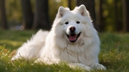 playful samoyed dog  in the park, in a yard, on grass
