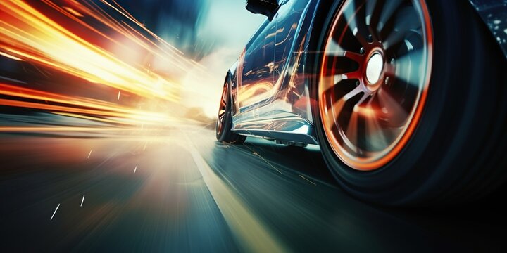 Close-up of wheel of fast sports car on sunny highway: high-performance auto in motion blur © iridescentstreet