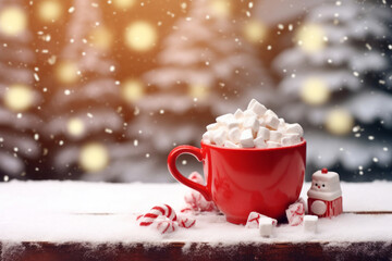 Obraz na płótnie Canvas Christmas red mug with hot chocolate and marshmallows on a Christmas background with snow and space for text or inscription 