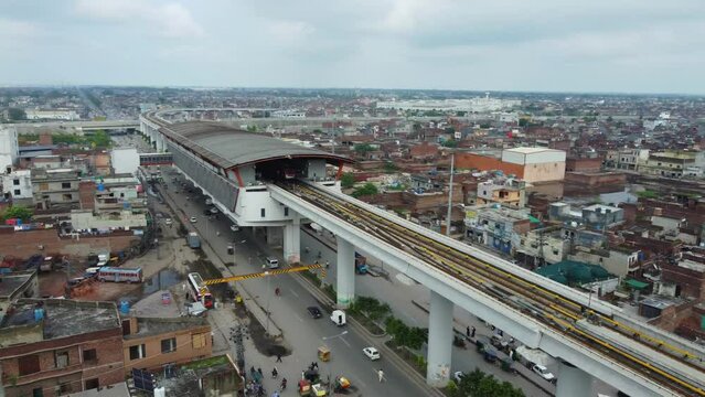 Aerial view of a train moving on overfly track in Lahore Pakistan
