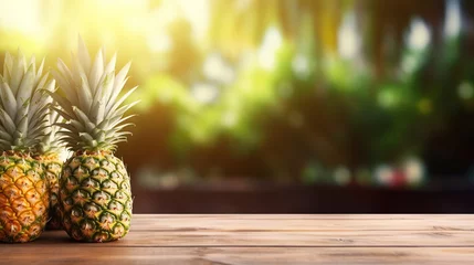 Rolgordijnen Pineapples on the wooden in blur green background © Paula