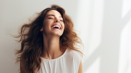 Image of a happy woman standing on a white background. - obrazy, fototapety, plakaty