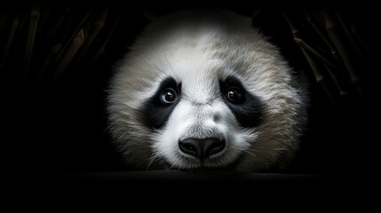 Obraz premium Close-up of a panda's expressive face against a black background.