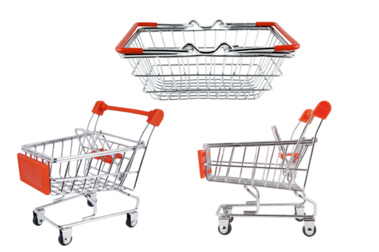 Tiny shopping cart and basket isolated on transparent background.
