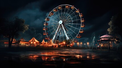 An amusement park image with a majestic Ferris wheel moving.