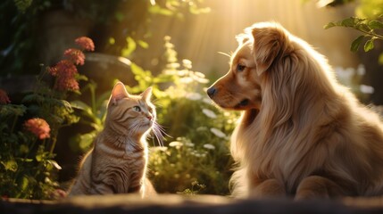 Playful cat and an affectionate dog sitting side by side. - obrazy, fototapety, plakaty