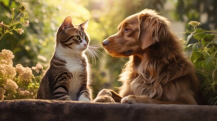 Playful cat and an affectionate dog sitting side by side. - obrazy, fototapety, plakaty