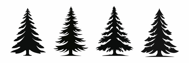 Various Christmas tree silhouettes on white background, minimalist festive vector design, perfect for holiday cards, posters, decorations, and seasonal creative projects. AI generated illustration.