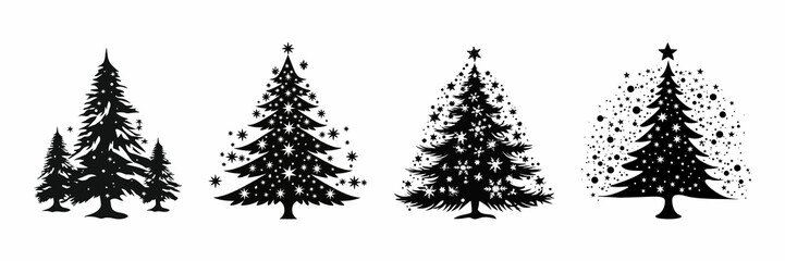 Various Christmas tree silhouette set on a clean white background, minimalist black design perfect for cards, posters, decorations, and festive graphic projects. AI generated illustration.