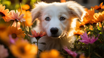 A white retriever puppy eagerly exploring a vibrant flower garden, its curiosity shining through