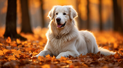 A contemplative white retriever sitting amidst fallen autumn leaves, its fur blending harmoniously with the seasonal colors
