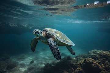 Obraz premium A wild sea turtle swims on a coral reef.