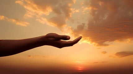 The outstretched open empty palm of the hand against the sunset background.