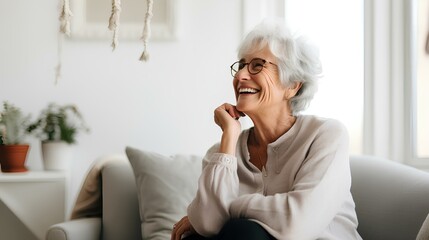 A smiling woman in years is sitting on the sofa.