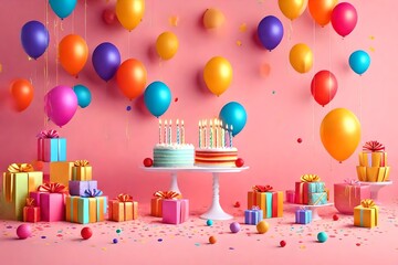 Birthday balloons and happy birthday cake with colorful candles