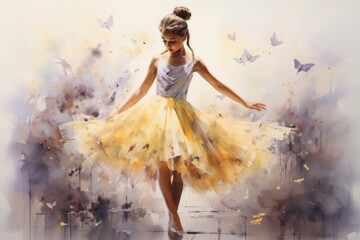 graceful girl in a ballet dress drawn in watercolor - obrazy, fototapety, plakaty