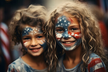 Photorealistic image of children smiling with their faces painted as the USA flag made with AI