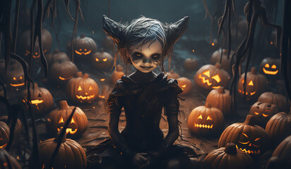 Halloween time with a little witch.AI generated