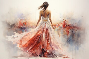 graceful girl in a ballet dress drawn in watercolor back - obrazy, fototapety, plakaty