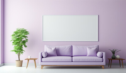 Modern and minimalist living room with sofa in purple and white. Free space for text. AI generated